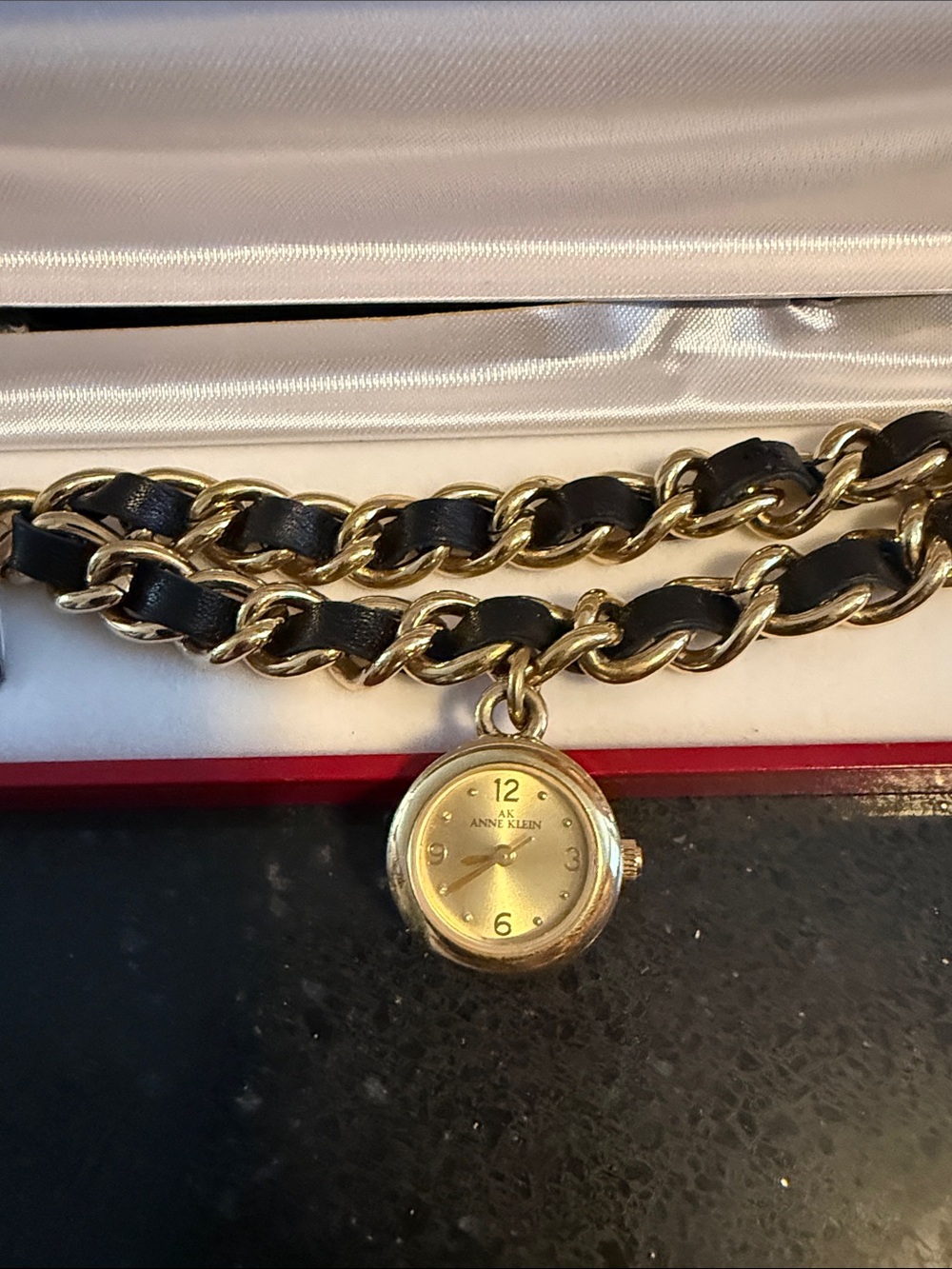 Anne Klein Black and Gold Chain Bracelet Watch Pendant